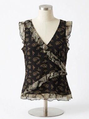 Spenser Jeremy Silk Blouse S Black Paisley Ruffle Asymmetrical Front Y2K